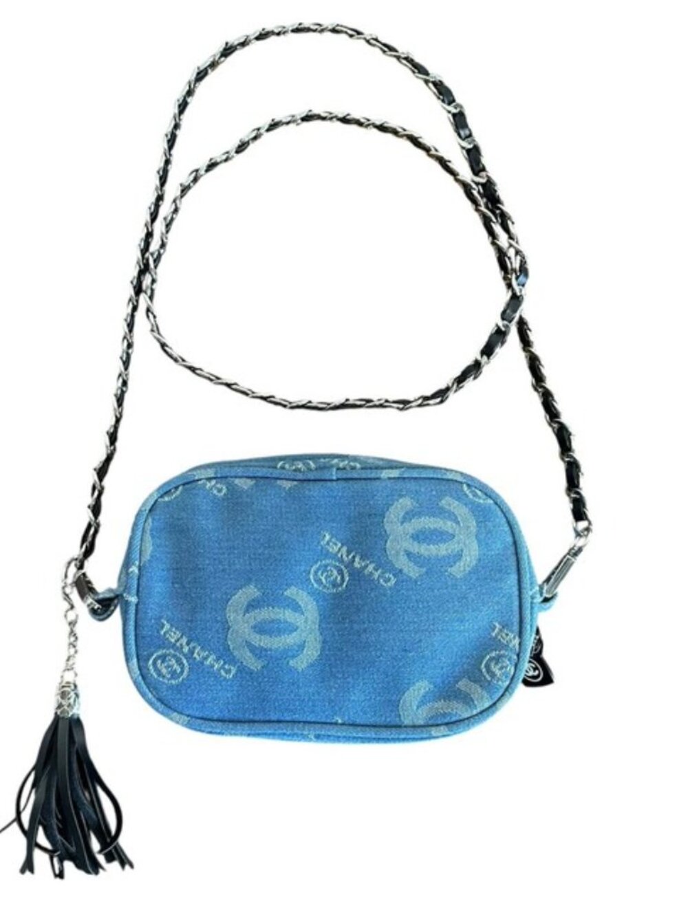 New CHANEL denim Beaute pouch with adjustable crossbody chain